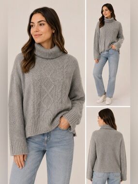GAP Alpaca Wool Blend Cable Knit Turtleneck Sweater Gray Oversized Chunky small